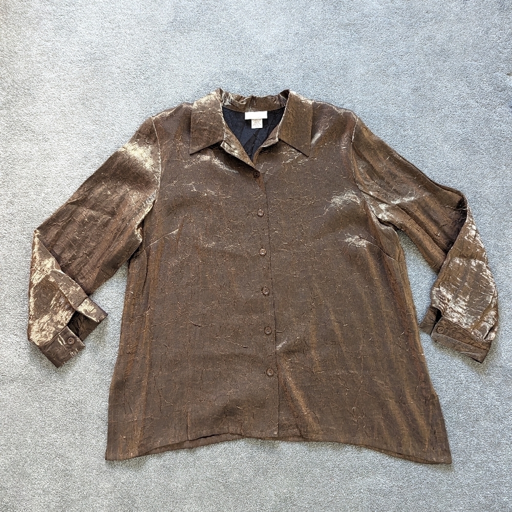 Carroll Reed metallic bronze color silky textured button down shirt blouse Sz 1X
